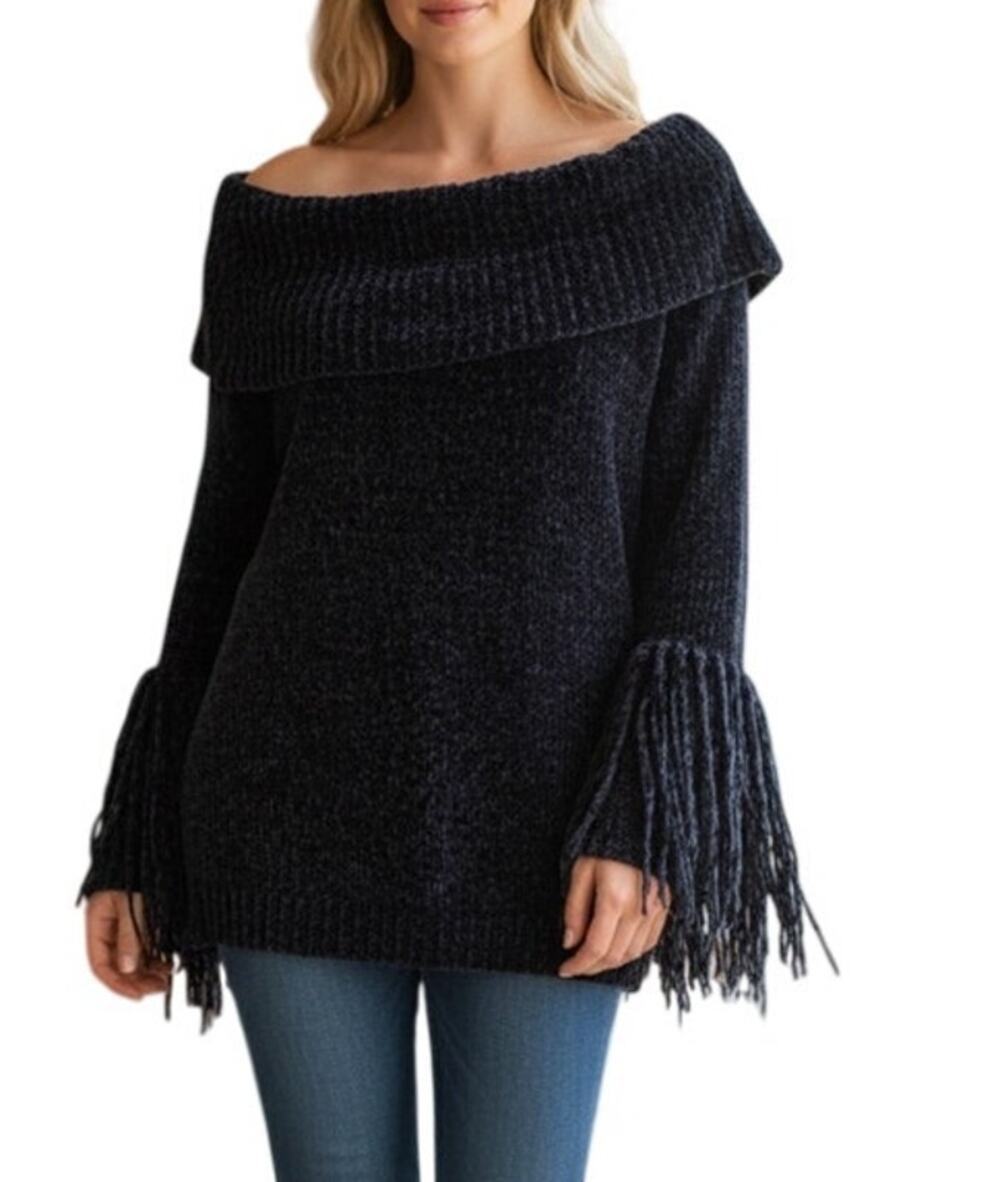 Adore Women's Medium Dark Blue Super Soft Cowl Neck Long Flutter Sleeve Sweater